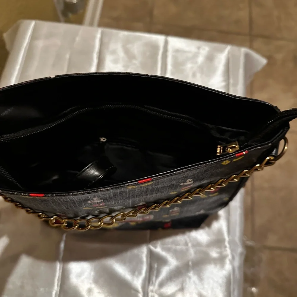 Character Print Black Crossbody Bag with Gold Chain
